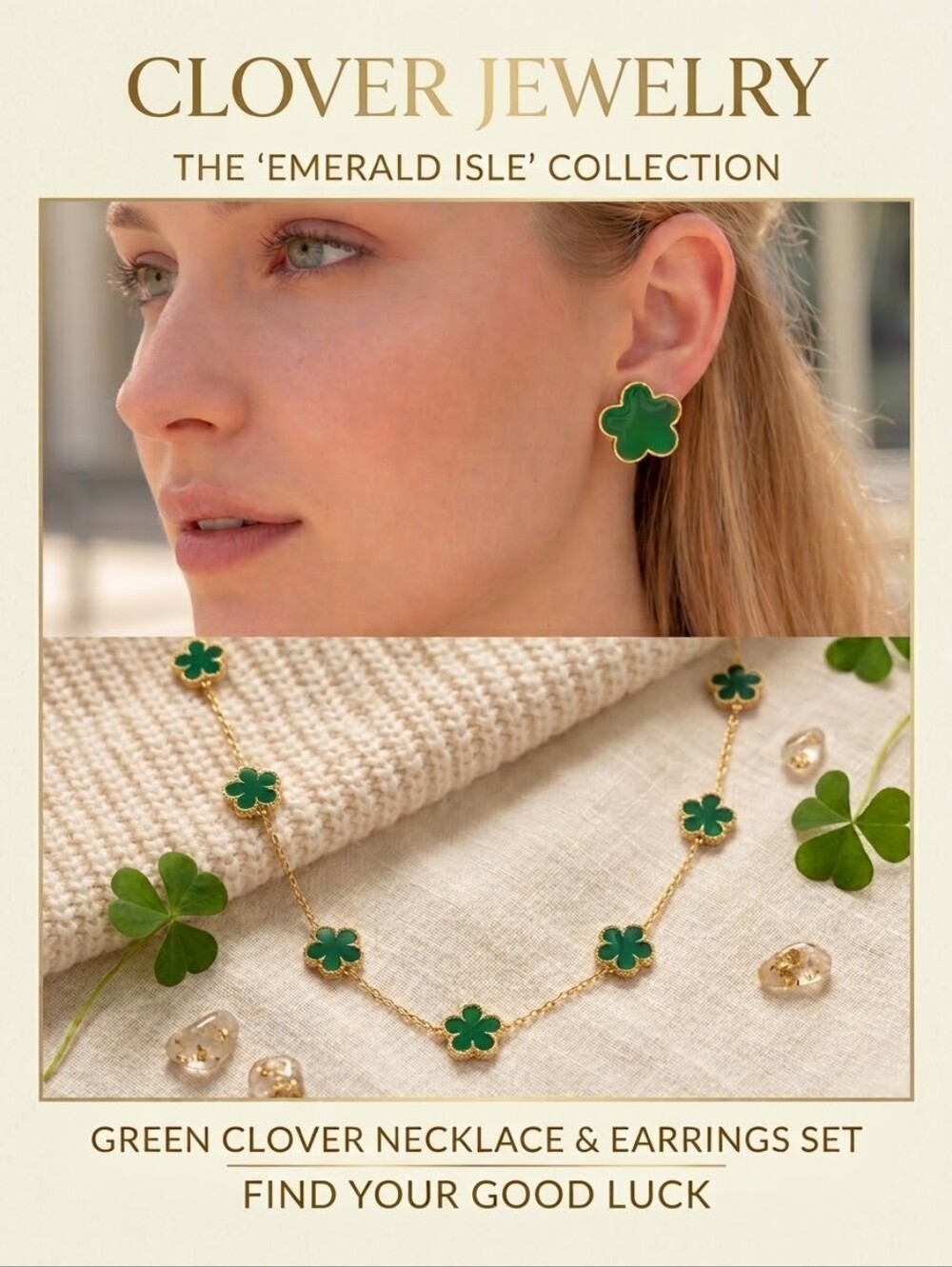 Clover Gold-Toned Green Clover Motifs Earrings & Necklace Set, 20" w/3"ext, NIB